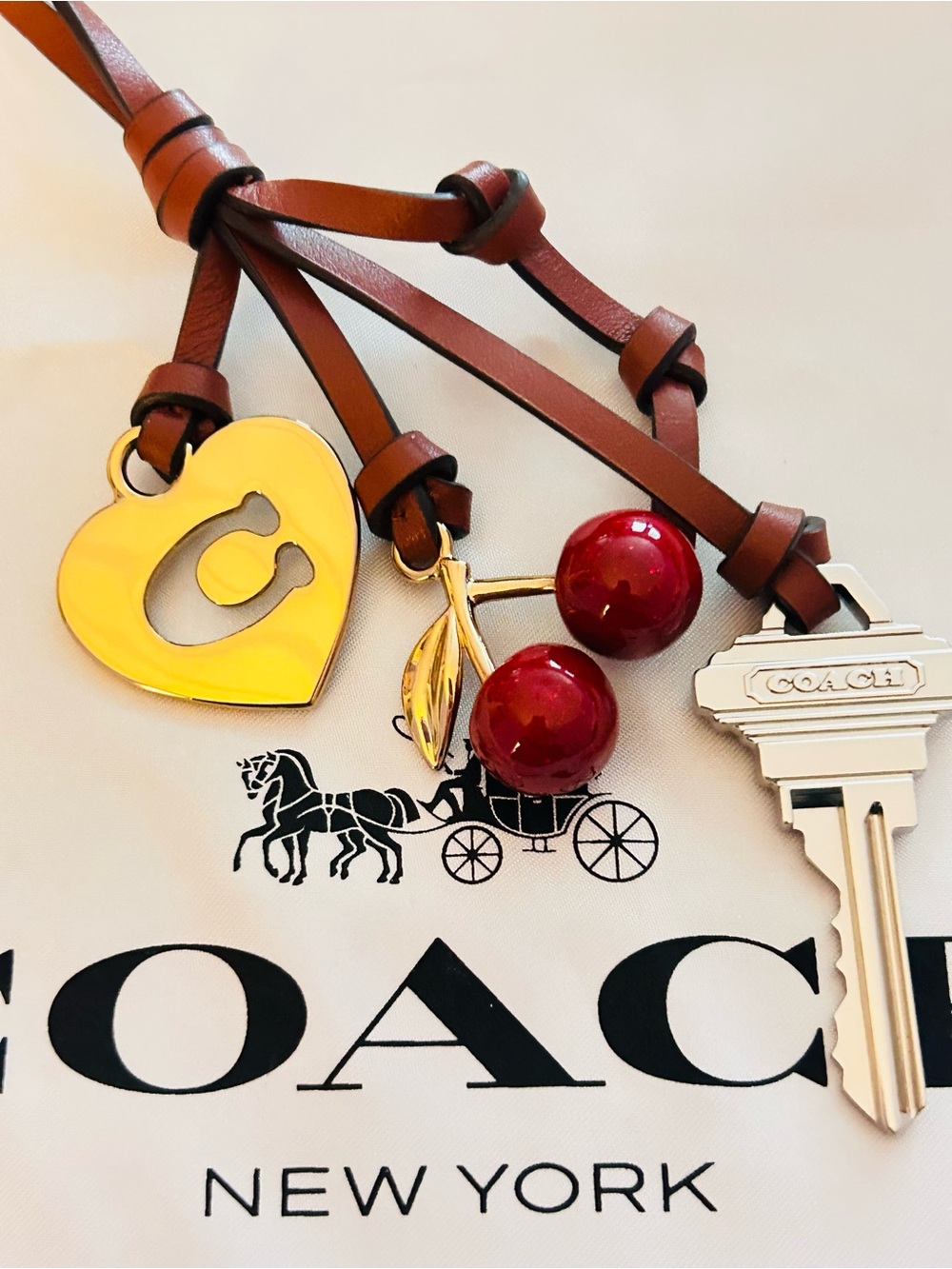 NWOT Coach Love Denim Cherry/Heart/ Key Genuine Leather Bag Charm - Picture 9 of 11